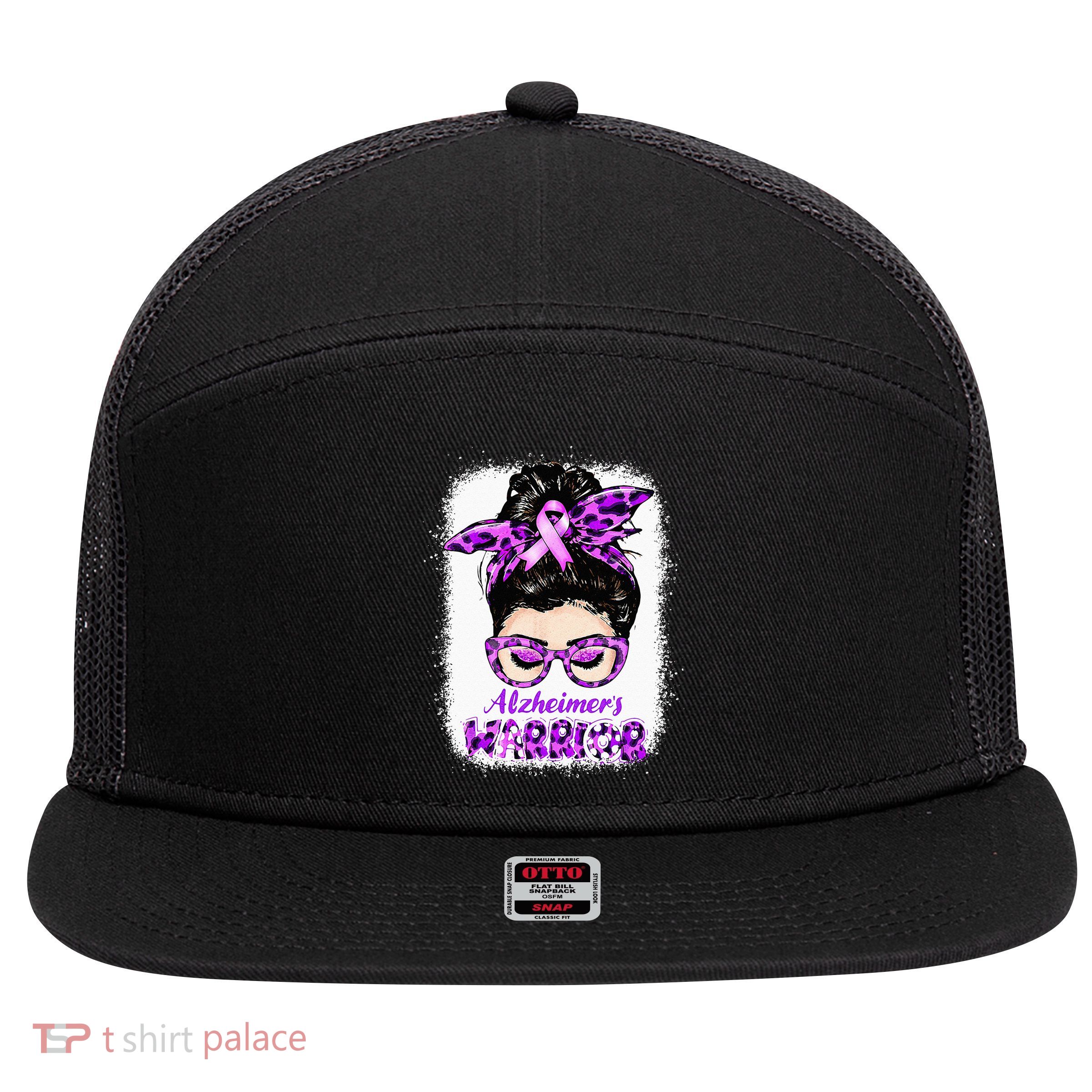 Alzheimers Awareness Purple Alzheimers Warrior Messy Bun 7 Panel Mesh Trucker Snapback Hat
