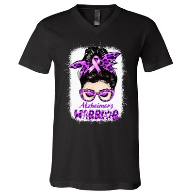 Alzheimers Awareness Purple Alzheimers Warrior Messy Bun V-Neck T-Shirt