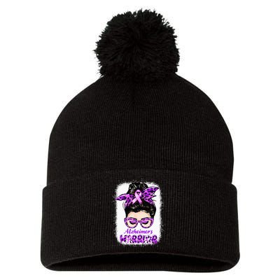 Alzheimers Awareness Purple Alzheimers Warrior Messy Bun Pom Pom 12in Knit Beanie
