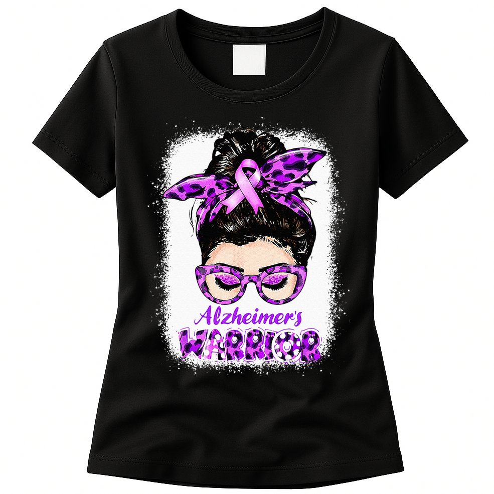 Alzheimers Awareness Purple Alzheimers Warrior Messy Bun Womens T-Shirt