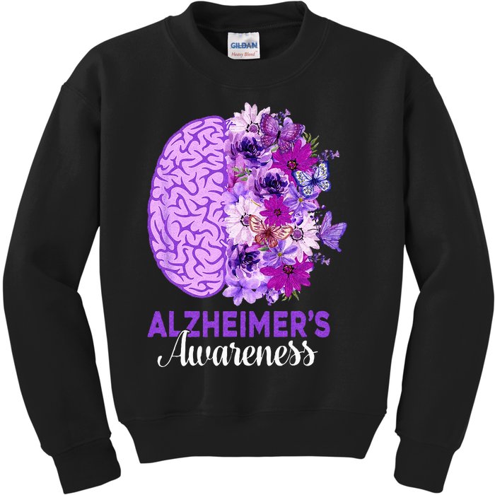 Alzheimers Awareness Purple Flower Brain Be Kind Kids Sweatshirt