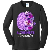 Alzheimers Awareness Purple Flower Brain Be Kind Kids Long Sleeve Shirt