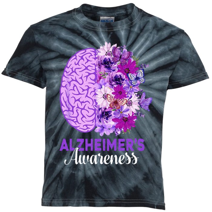 Alzheimers Awareness Purple Flower Brain Be Kind Kids Tie-Dye T-Shirt