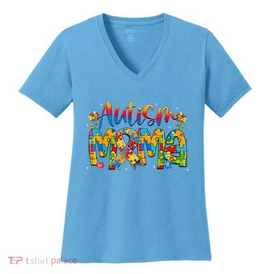 Autism Awareness Proud Autism Mama Ribbon Puzzle Mothers Day Women's V-Neck T-Shirt