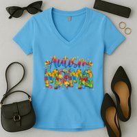 Autism Awareness Proud Autism Mama Ribbon Puzzle Mothers Day Women's V-Neck T-Shirt