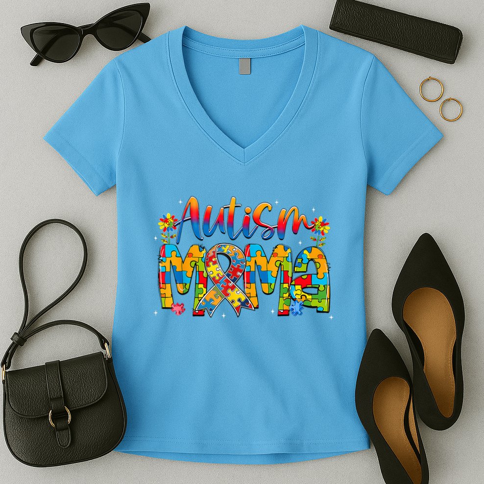 Autism Awareness Proud Autism Mama Ribbon Puzzle Mothers Day Women's V-Neck T-Shirt