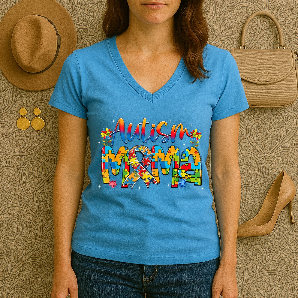 Autism Awareness Proud Autism Mama Ribbon Puzzle Mothers Day Women's V-Neck T-Shirt