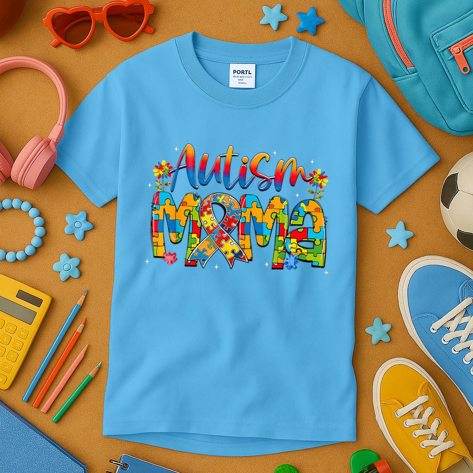 Autism Awareness Proud Autism Mama Ribbon Puzzle Mothers Day Kids T-Shirt