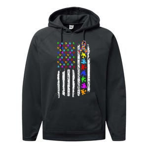 Autism Awareness Puzzle Flag Of The United States Of America Performance Fleece Hoodie