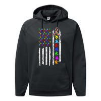 Autism Awareness Puzzle Flag Of The United States Of America Performance Fleece Hoodie