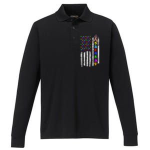 Autism Awareness Puzzle Flag Of The United States Of America Performance Long Sleeve Polo