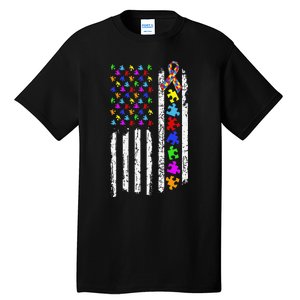 Autism Awareness Puzzle Flag Of The United States Of America Tall T-Shirt