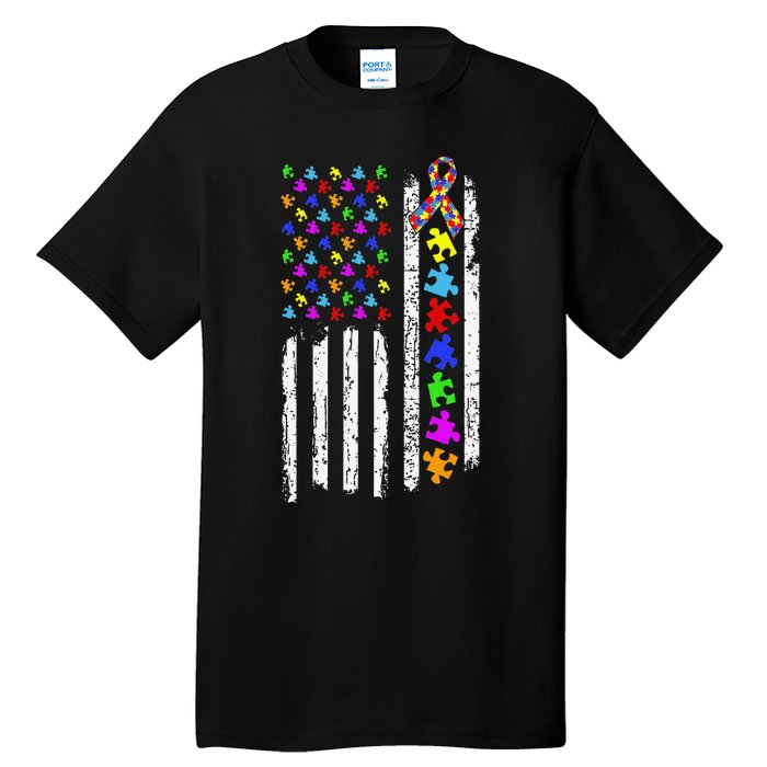 Autism Awareness Puzzle Flag Of The United States Of America Tall T-Shirt