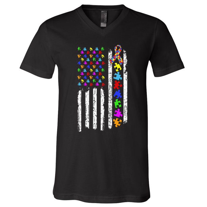 Autism Awareness Puzzle Flag Of The United States Of America V-Neck T-Shirt