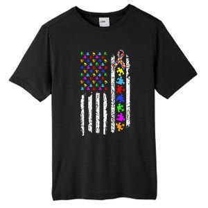 Autism Awareness Puzzle Flag Of The United States Of America Tall Fusion ChromaSoft Performance T-Shirt