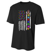 Autism Awareness Puzzle Flag Of The United States Of America Performance Sprint T-Shirt