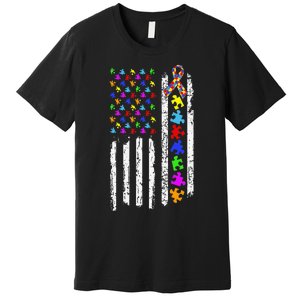 Autism Awareness Puzzle Flag Of The United States Of America Premium T-Shirt