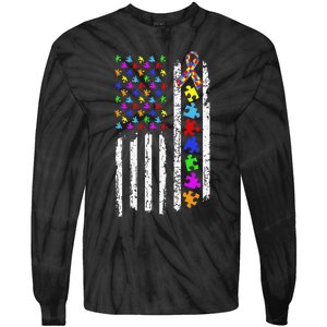 Autism Awareness Puzzle Flag Of The United States Of America Tie-Dye Long Sleeve Shirt