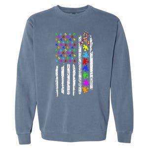 Autism Awareness Puzzle Flag Of The United States Of America Garment-Dyed Sweatshirt