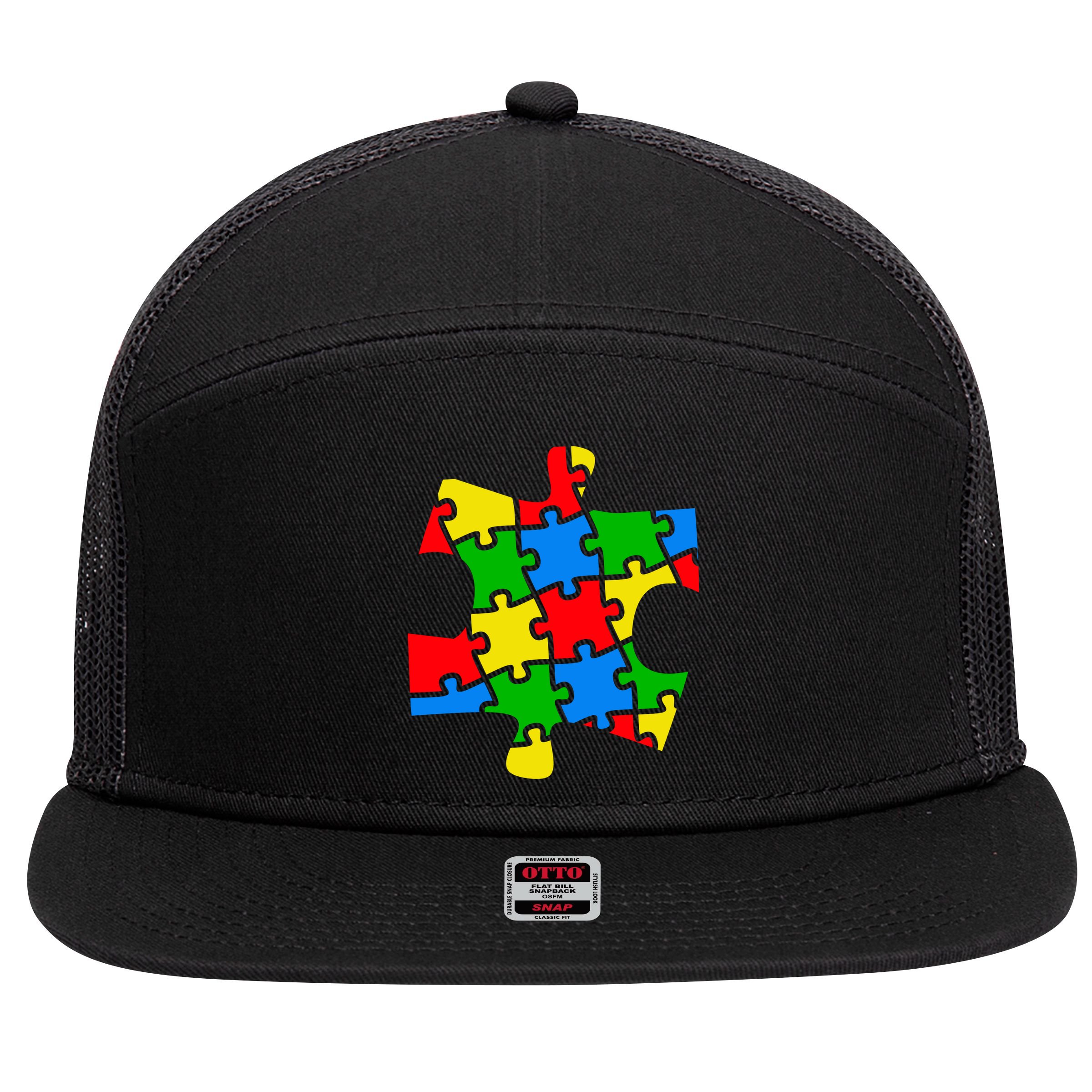 Autism Awareness Puzzle Piece 7 Panel Mesh Trucker Snapback Hat