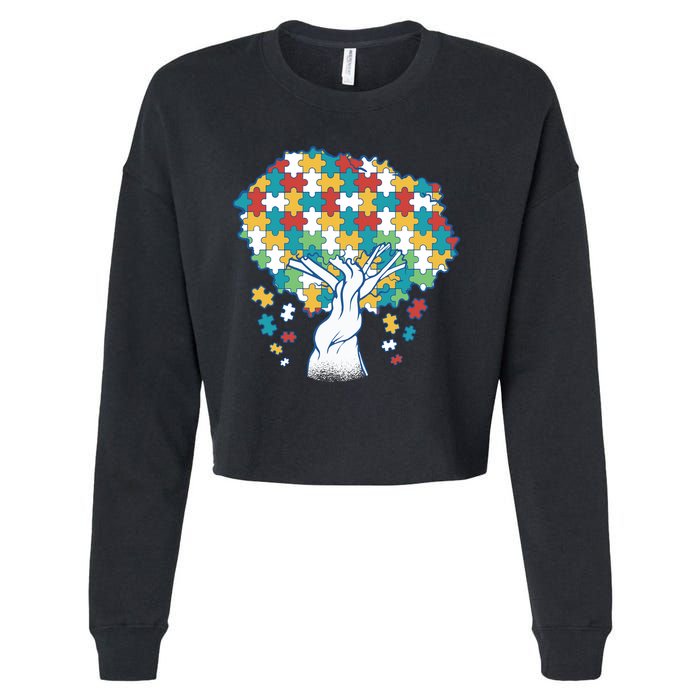 Autism Awareness Puzzle Tree Cropped Pullover Crew