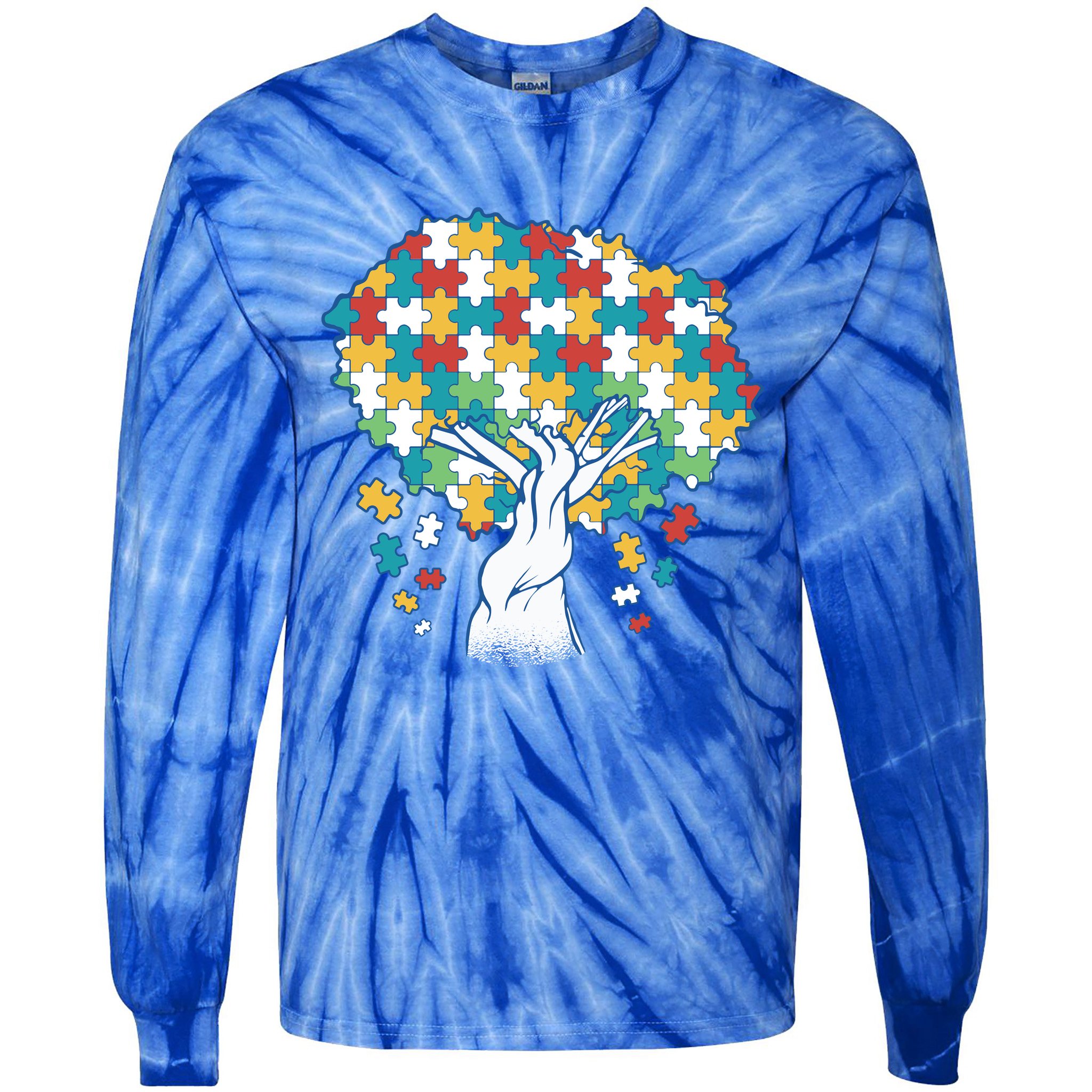 Autism Awareness Puzzle Tree Tie-Dye Long Sleeve Shirt