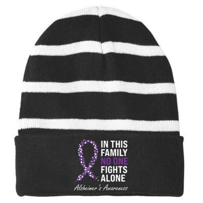 Alzheimer's Awareness Purple Ribbon Dementia Mom Dad Grandpa Striped Beanie with Solid Band