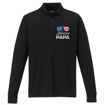 All American Papa 4th of July Father's Day USA Flag Performance Long Sleeve Polo