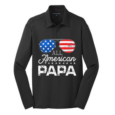 All American Papa 4th of July Father's Day USA Flag Silk Touch Performance Long Sleeve Polo