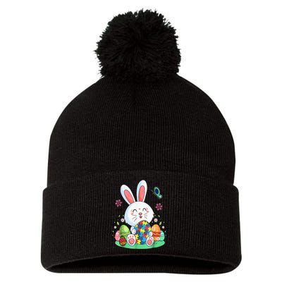 Autism Awareness Puzzle Easter Bunny Eggs Pom Pom 12in Knit Beanie