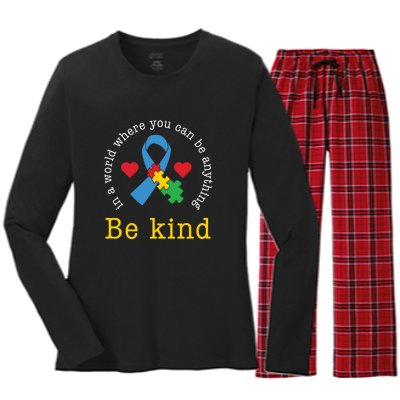 Autism Awareness Puzzle Ribbon Be Kind Women's Long Sleeve Flannel Pajama Set 