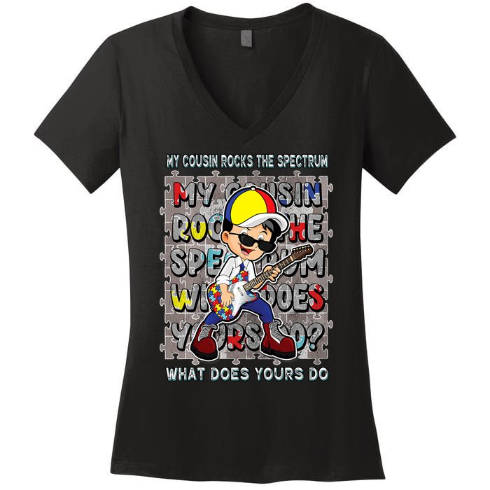 Autism Awareness Proud Cousin Rocks The Spectrum Women's V-Neck T-Shirt