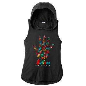 Autism Awareness Painted Hand Prints Ladies PosiCharge Tri-Blend Wicking Draft Hoodie Tank