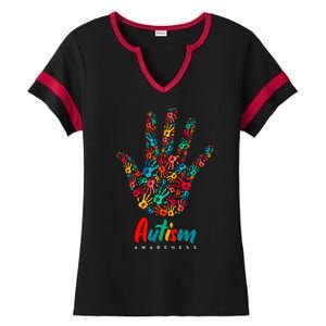 Autism Awareness Painted Hand Prints Ladies Halftime Notch Neck Tee