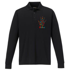 Autism Awareness Painted Hand Prints Performance Long Sleeve Polo