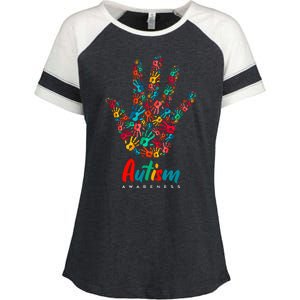 Autism Awareness Painted Hand Prints Enza Ladies Jersey Colorblock Tee