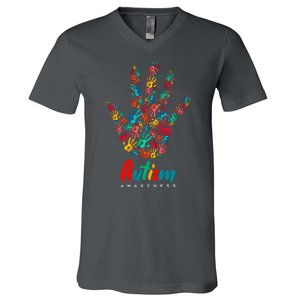 Autism Awareness Painted Hand Prints V-Neck T-Shirt