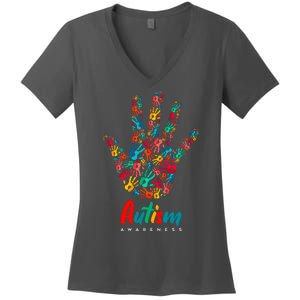 Autism Awareness Painted Hand Prints Women's V-Neck T-Shirt