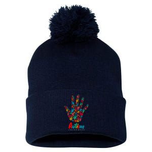 Autism Awareness Painted Hand Prints Pom Pom 12in Knit Beanie