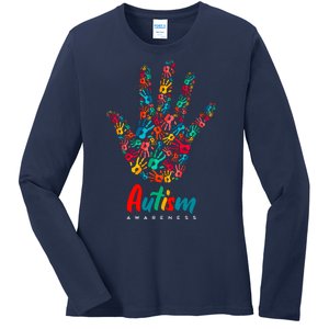 Autism Awareness Painted Hand Prints Ladies Long Sleeve Shirt