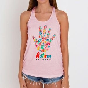 Autism Awareness Painted Hand Prints Women's Knotted Racerback Tank