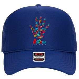 Autism Awareness Painted Hand Prints High Crown Mesh Back Trucker Hat