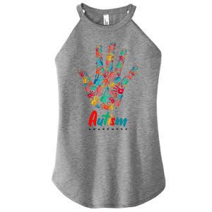 Autism Awareness Painted Hand Prints Women's Perfect Tri Rocker Tank