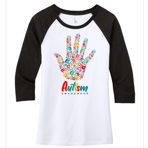 Autism Awareness Painted Hand Prints Women's Tri-Blend 3/4-Sleeve Raglan Shirt