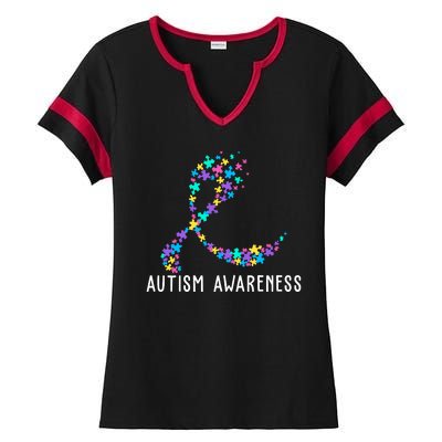 Autism Awareness Puzzle Ribbon Ladies Halftime Notch Neck Tee