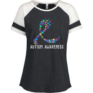 Autism Awareness Puzzle Ribbon Enza Ladies Jersey Colorblock Tee