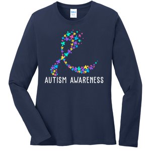 Autism Awareness Puzzle Ribbon Ladies Long Sleeve Shirt