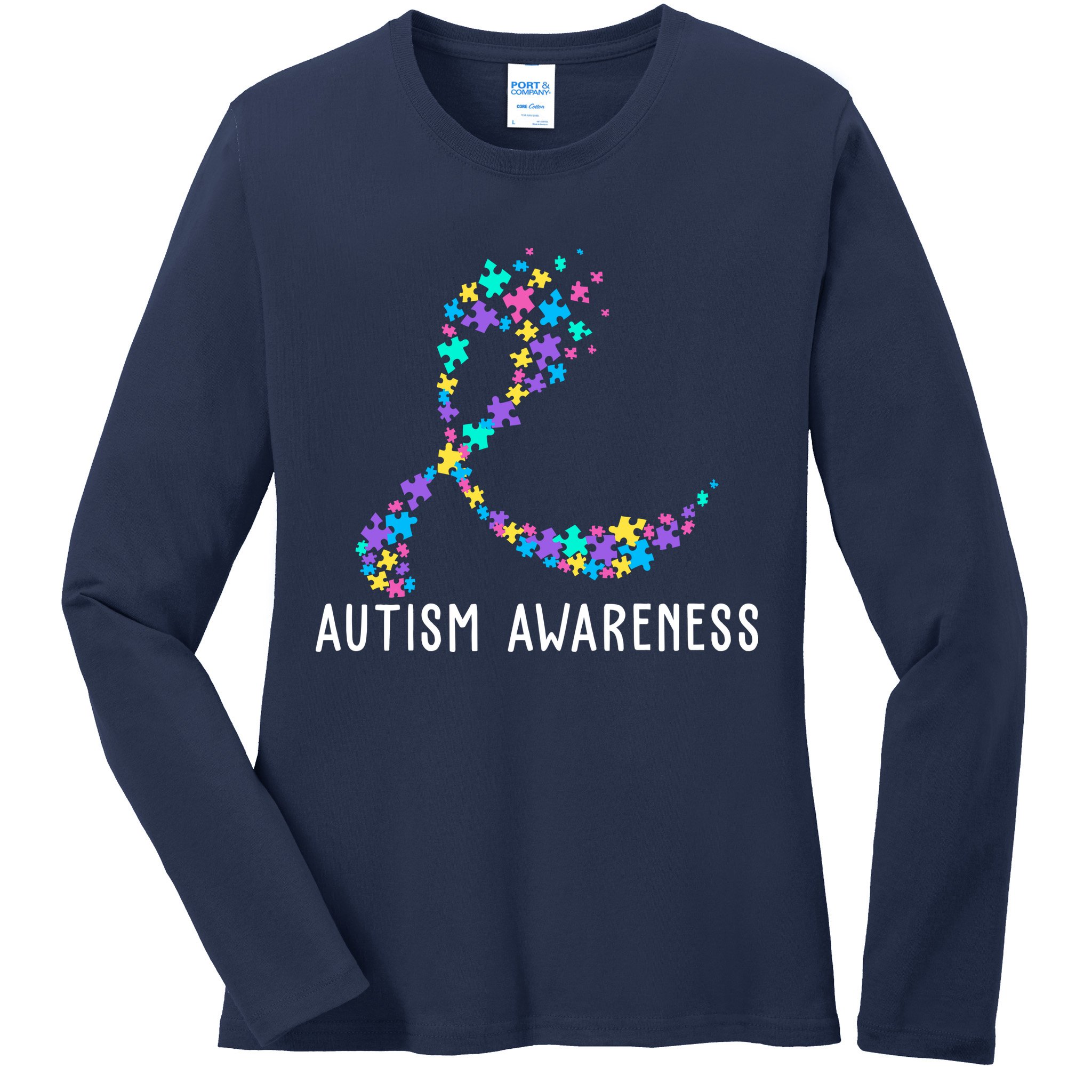 Autism Awareness Puzzle Ribbon Ladies Long Sleeve Shirt