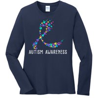 Autism Awareness Puzzle Ribbon Ladies Long Sleeve Shirt