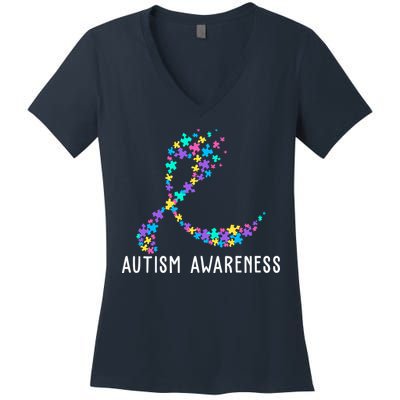 Autism Awareness Puzzle Ribbon Women's V-Neck T-Shirt